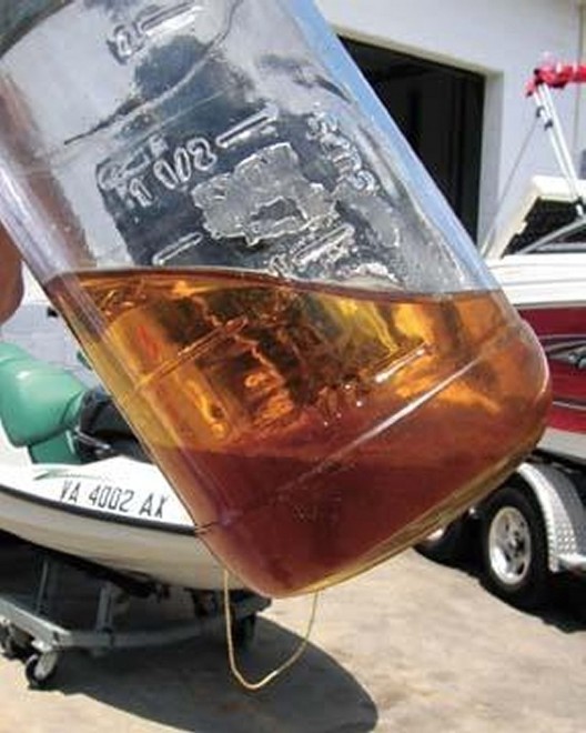 Classic example of ’phase separation’, one of the problewms when using ethanol - that’s ethanol and water at the bottom, gasoline on top. - Ethanol © SW